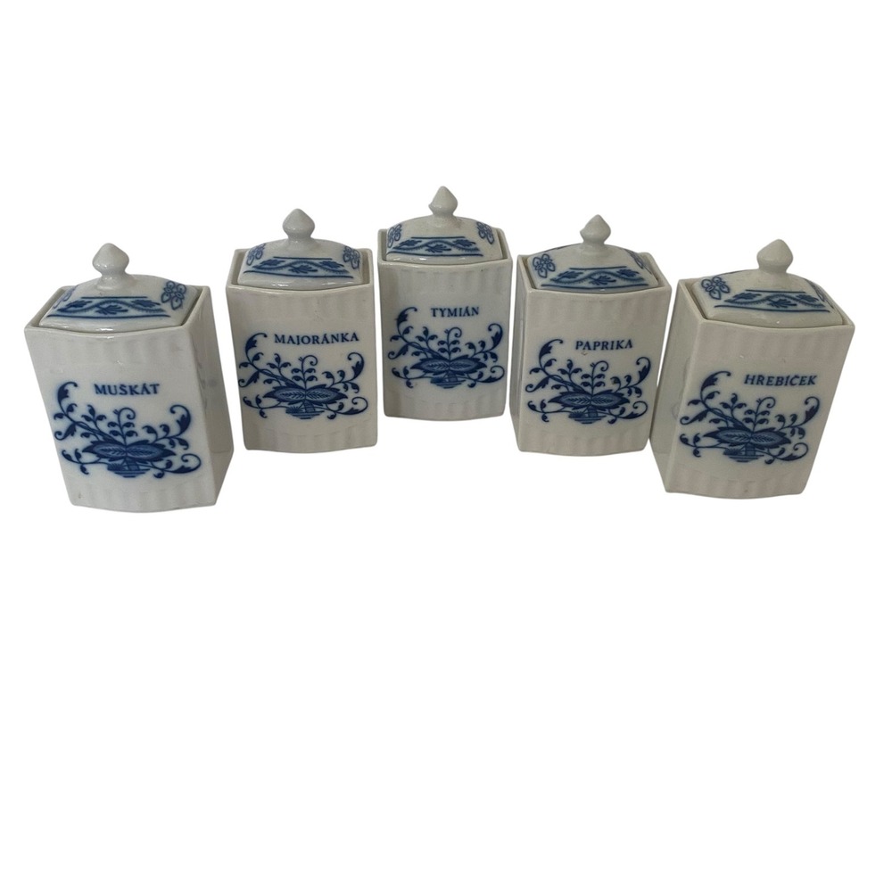 Vintage Jome Czechoslovakia Blue Onion Spice Jars Set 5 Porcelain Canisters MCM